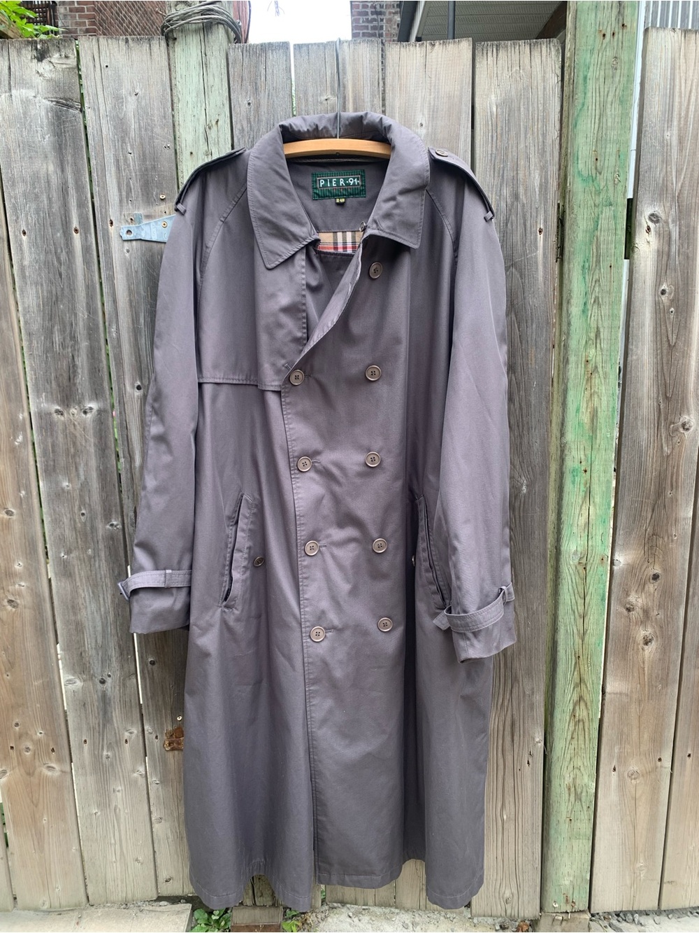 PIER 91 Vintage Grey Double-Breasted Trench Coat Size R 48 Classic Plaid Lining
